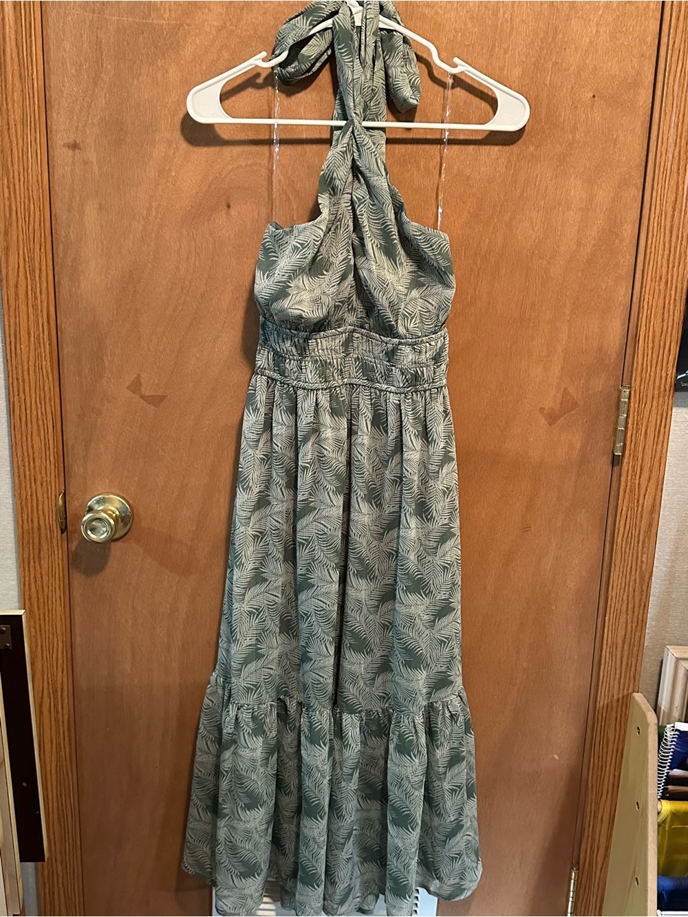 Trixxi Green Tropical Palm Print Halter Maxi Dress